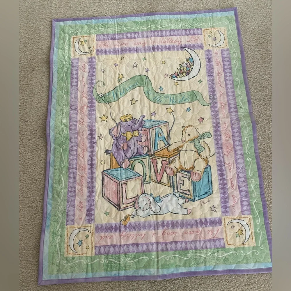 Pastel Baby Quilt Crib Blanket ABC Blocks Animals Lace Trim Reversible